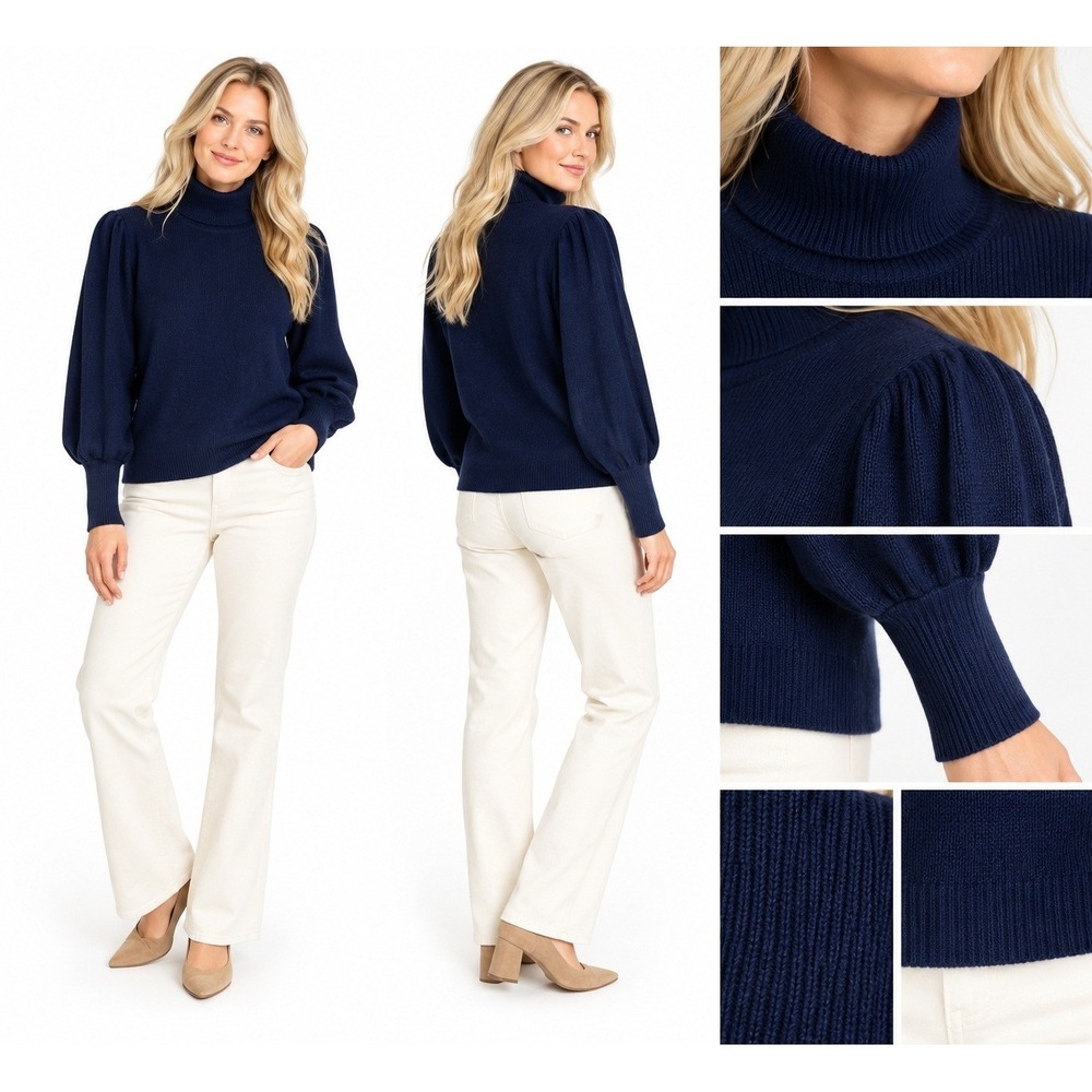 J Crew Sweater Womens XL Navy 100% Merino Wool Turtleneck Puff Sleeve Knit J6373